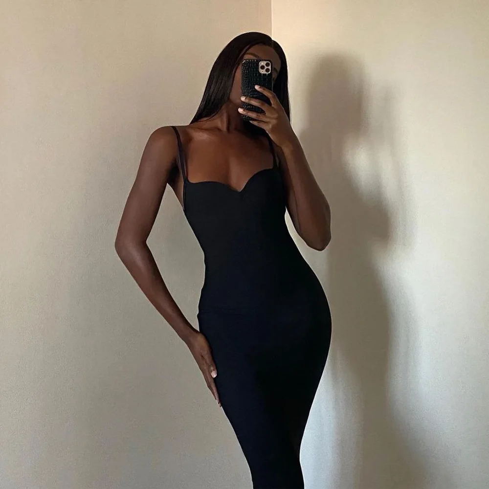 

CUBEAR Women Comfortable Sexy V Neck Sleeveless Spaghetti Strap Corset Black Midi Bodycon Dress