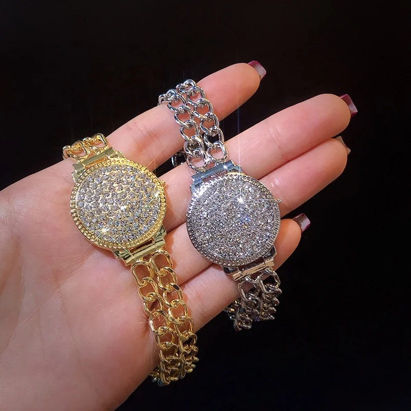 

SHIHAN 2295 Shiny Crystal Rhinestone Round Watch Style Wristband Exquisite Double Row Watch Chain Bracelet Bangle For Women