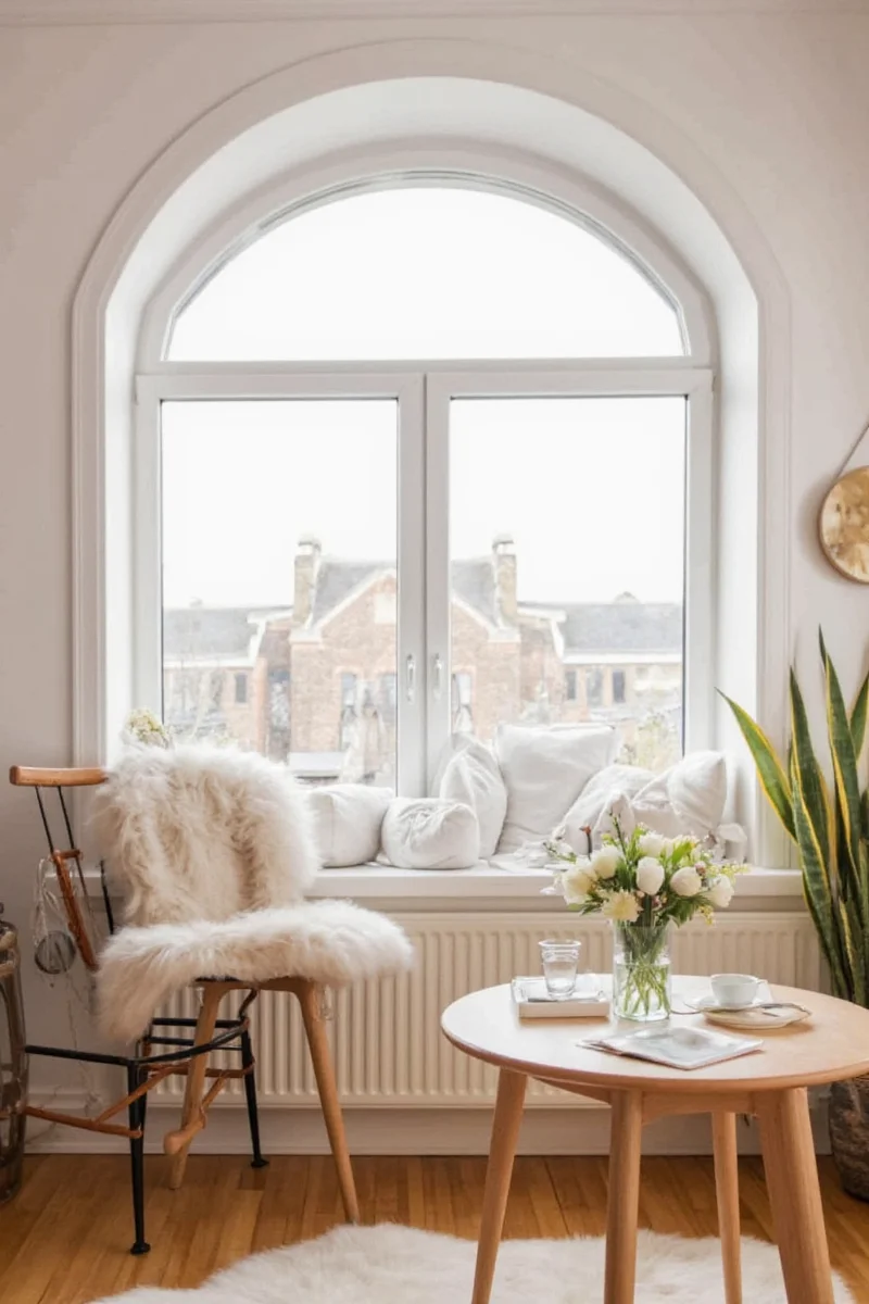 Round window with beaded drapes on either side