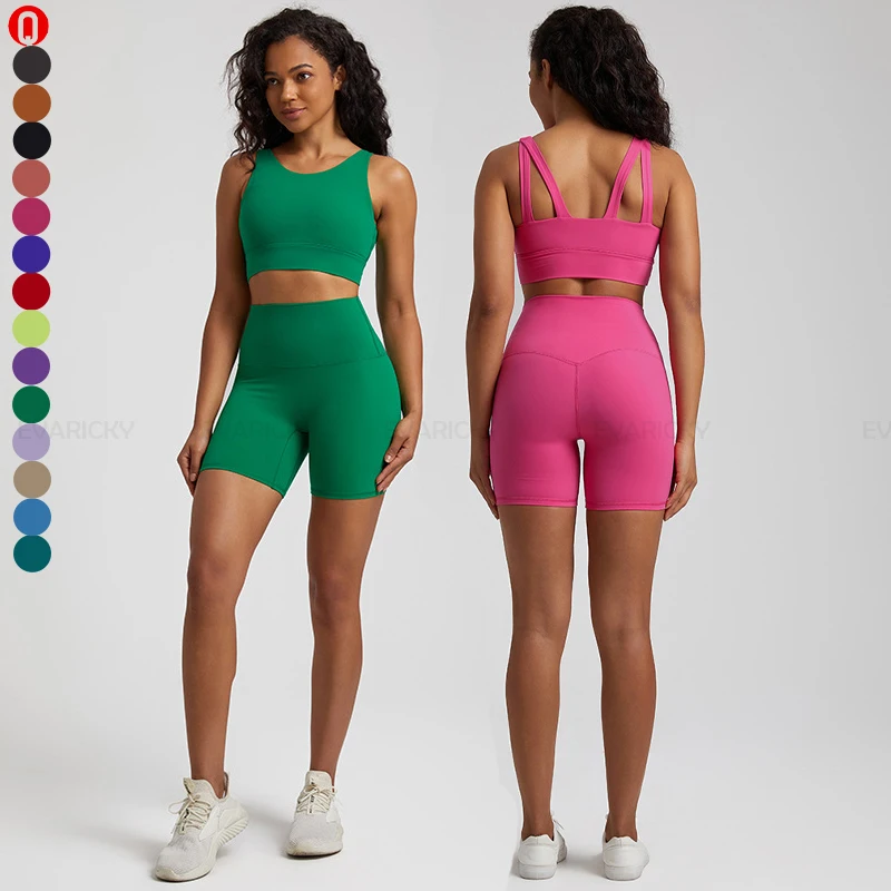 

Custom Logo Women Two Piece Biker Shorts Set Summer New Arrivals Female Sexy 2 Piece Fitness Workout Short Yoga Sets For Women