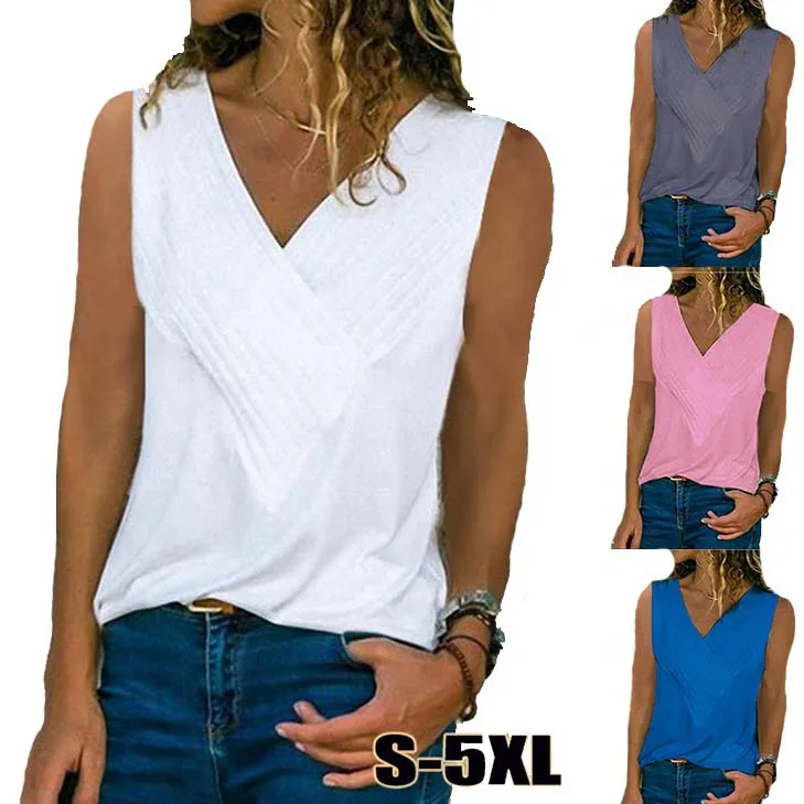 

FS1127D plus sizes summer Women Casual Sleeveless Blouse V neck T shirts