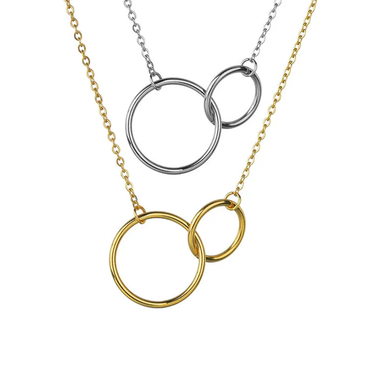 

Stainless Steel Jewelry Two Interlocking Infinity Necklace Silver Gold Colors Couple Circle Double Ring Pendant Necklace, Gold, silver