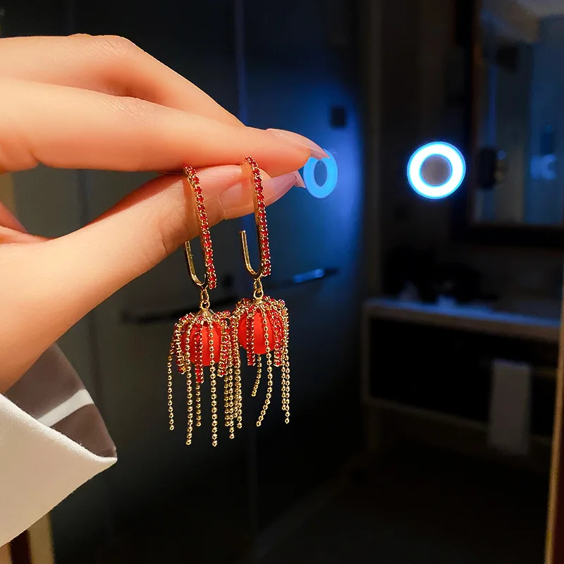 

new statement red pearl crystal bride earrings wedding