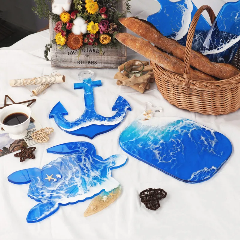 

0222 DIY crystal epoxy silicone mold marine series anchor sea turtle whale tray coaster Shiny table, White