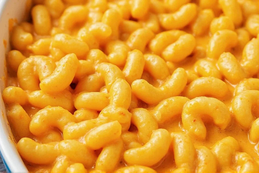 Close-up of creamy pepper jack cheese macaroni and cheese in a baking dish showing visible pepper specks in the orange sauce