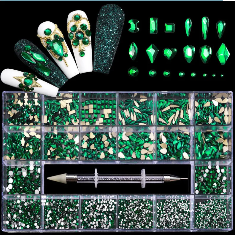 

1Box 8 colors Custom Nail Rhinestone Box Diamond Nail Multi Shape Flat Bottom Glass nail rhinestone art decoration, Blackish green