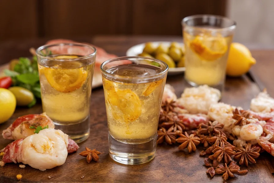 Three small glasses of anise liqueur with water showing the louching effect, accompanied by traditional Mediterranean meze dishes including olives, cheese, and seafood