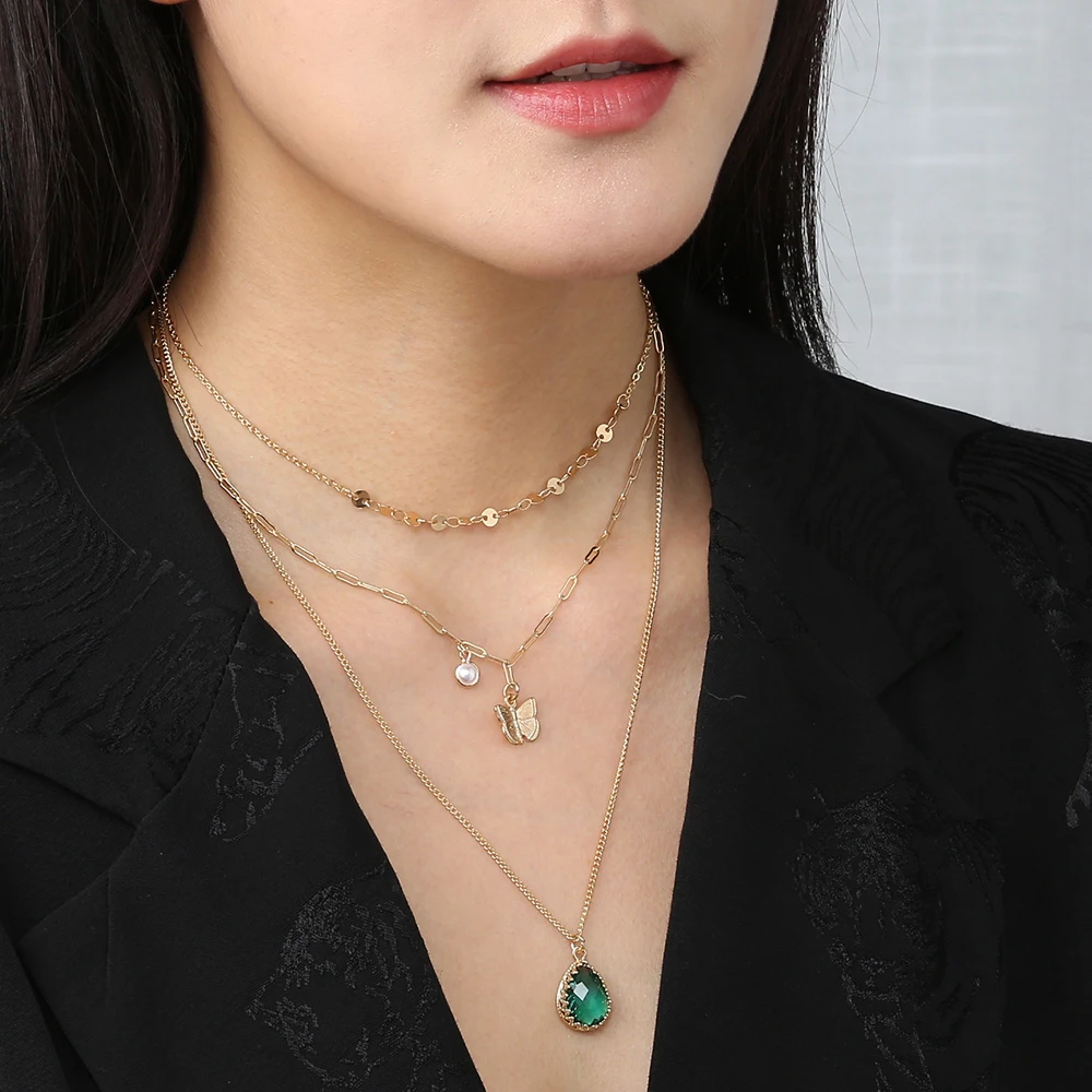 

Fashion Lady Wedding Party Gold Plated Chain Jewelry Gift Water Drop Pearl Pendant Multilayers Butterfly Women Choker Necklace, As shown
