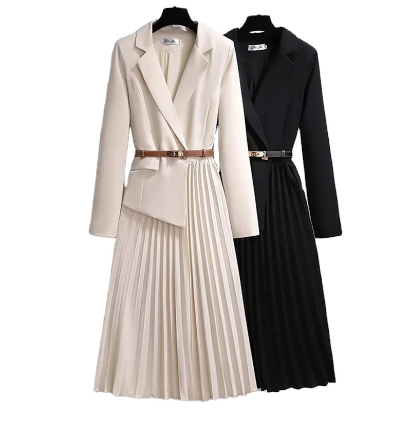 

Long Blazer Maxi Casual Elegant Winter A Line Pleated Dress with Belt