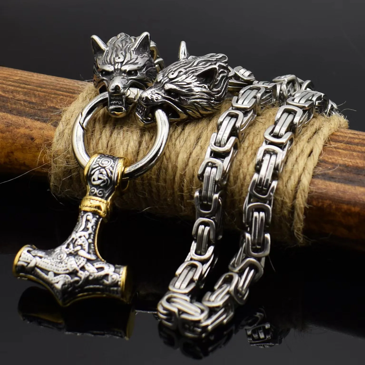 

Wholesale 316l Stainless Steel Viking Necklace Jewelry Nordic Thor Hammer Full Gold Imperial Chain Norse Amulet for Men