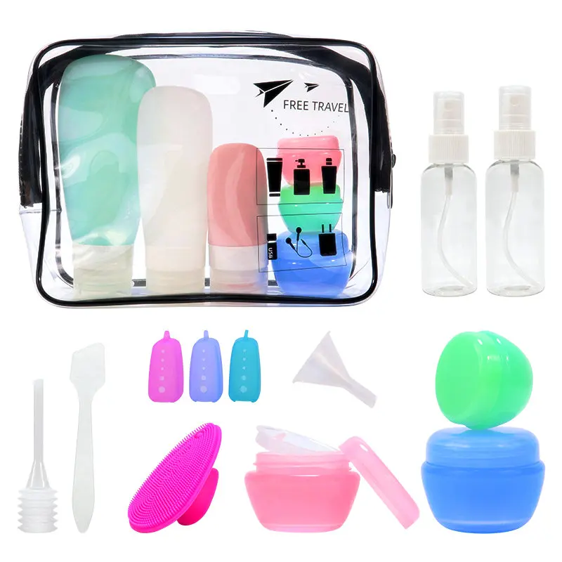 

4-in-1 TSA travel essentials kit portable squeeze bottle silicone airplane travel accessories bottle dispenser kit set packaging