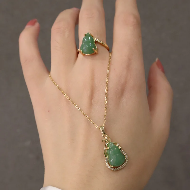 

Sailing Jewelry Stainless Steel Chain Natural Emerald Jade Necklace CZ Jade Stone Gourd Pendant Necklace Ring Set