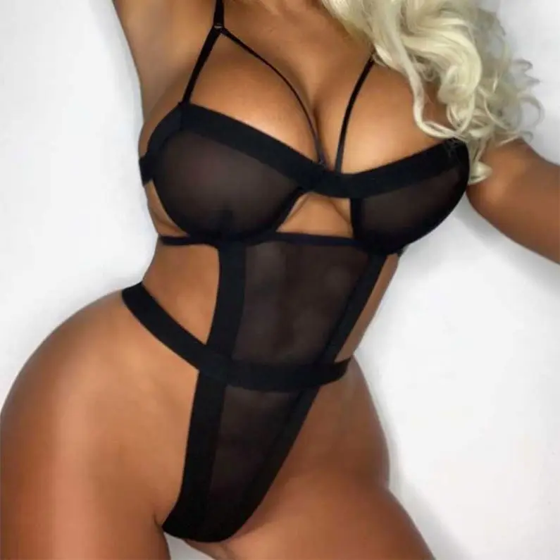 

2021 High Quality Cute Black One Piece Sheer Mesh Teddy Lingerie Transparent Thong Bodysuits For Women Sexy, Accept customized chemise homme