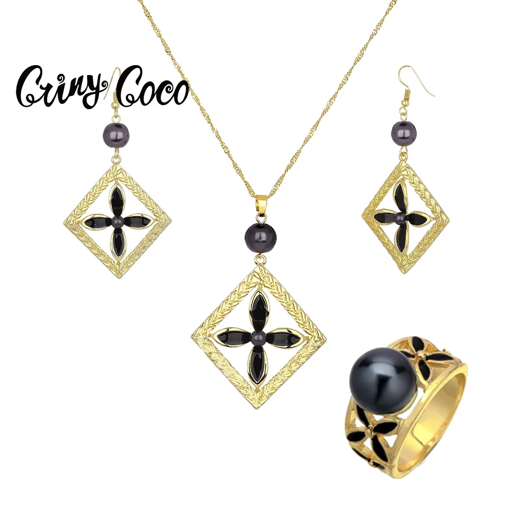 

Cring CoCo Factory Gold Round Pendant Black Pearl and Dangle Circle Cross Rings Wholesale Hawaiian Jewelry Set For Women