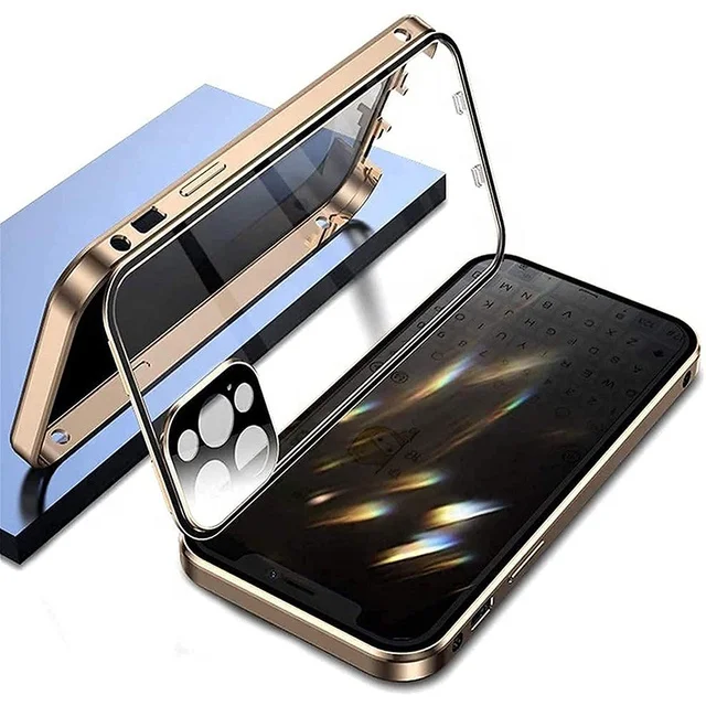 

Hot! Metal Anti Peep Magnetic Privacy Double-sided Buckle Cover All-inclusive Tempered Glass Phone 360 Full Body Case For IPhone, Silver/ black /gold/green/blue/red