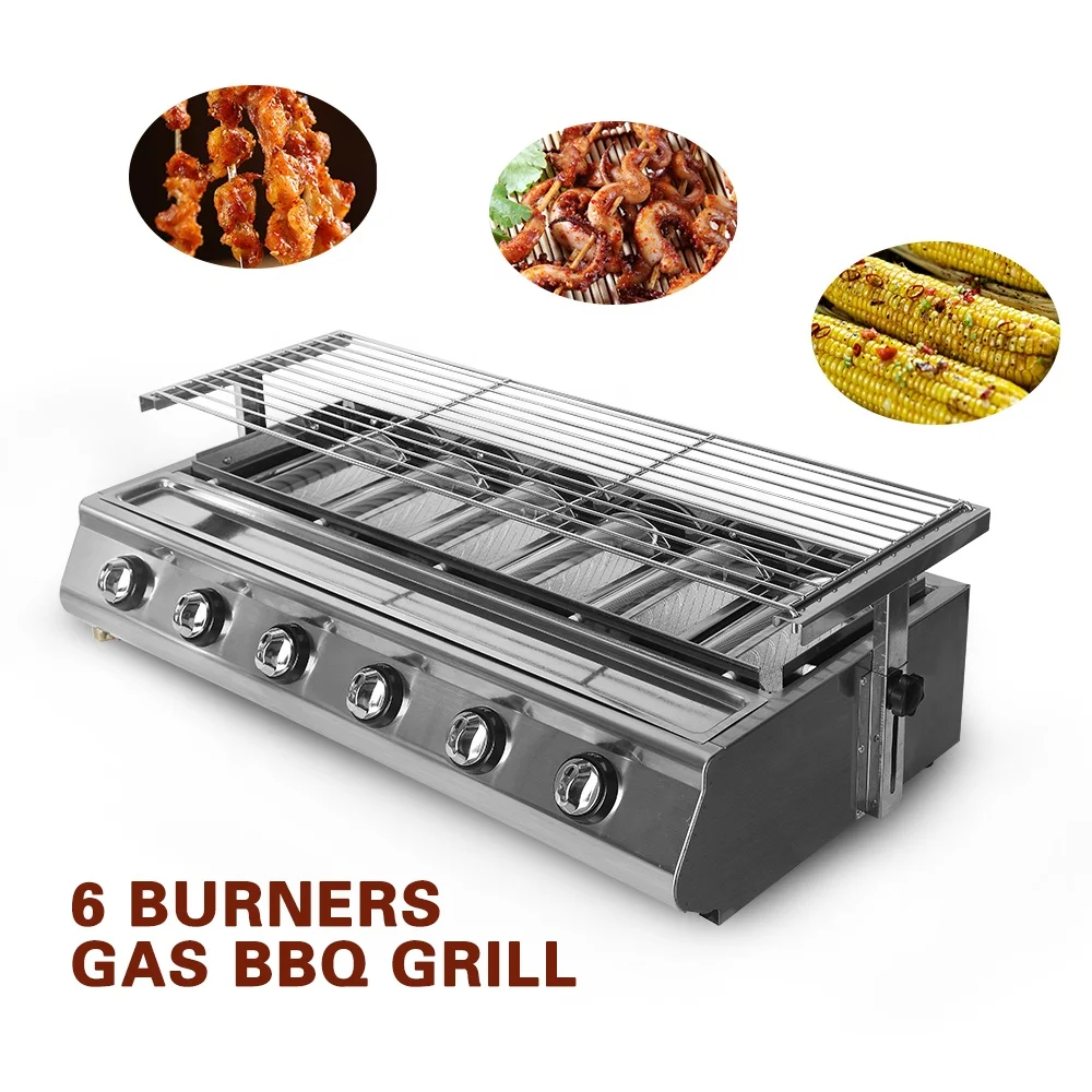 

6 Burners BBQ Grill Gas Smokeless Stainless Steel Portable Barbecue Grills Height Liftable Garden Barbeque Machine