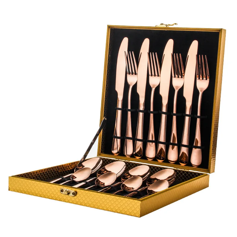 

A1292 16PCS Cutlery Set Stainless Steel Dinnerware Black Gold Flatware Set Tableware Spoon Set Party Dinner Wooden Gift Box, 4 colors