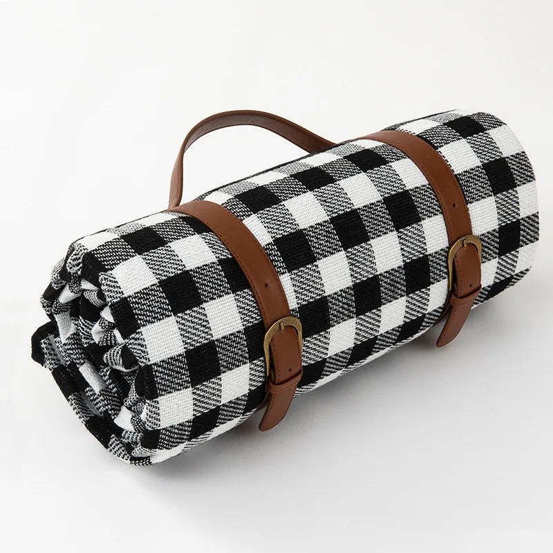 

Custom Large PEVA plaid travel foldable Beach Outdoor Waterproof Camping Mat Picnic Blanket for outdoors with belt handle