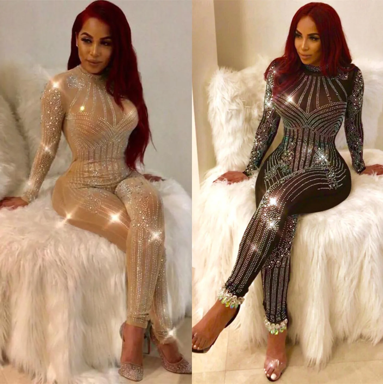 

LF-140 Women Club Wear 2021 Bodycon Sexy One Piece Jumpsuit Women Beaded Long Sleeve Bodysuits for Women Sexy, White/black