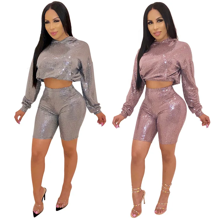 

Women 2 piece outfits long sleeves hoodie crop top and shorts pants set