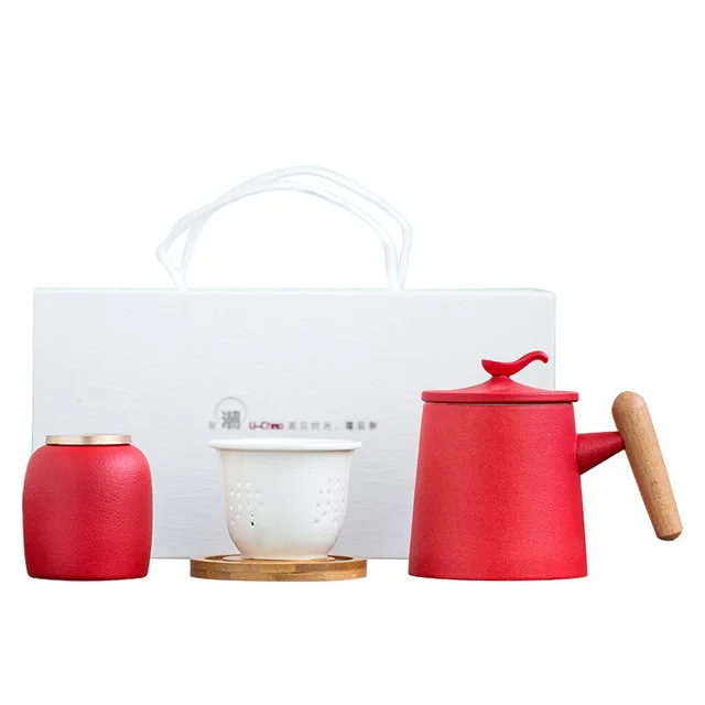 

Ceramic Mug with Wooden Handle Tea Cup with Tea Infuser Tea Canister Gift Box Packing, White,black,red,grey