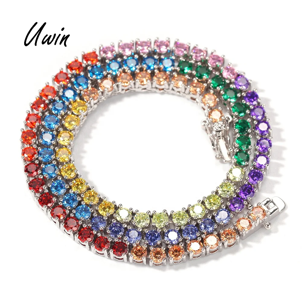 

Women Men Iced Out Rainbow Choker 4mm Tennis Necklace Multi Colored Chain CZ Jewelry Initial Charm Custom Necklace, Custom rainbow color, multi colored stones