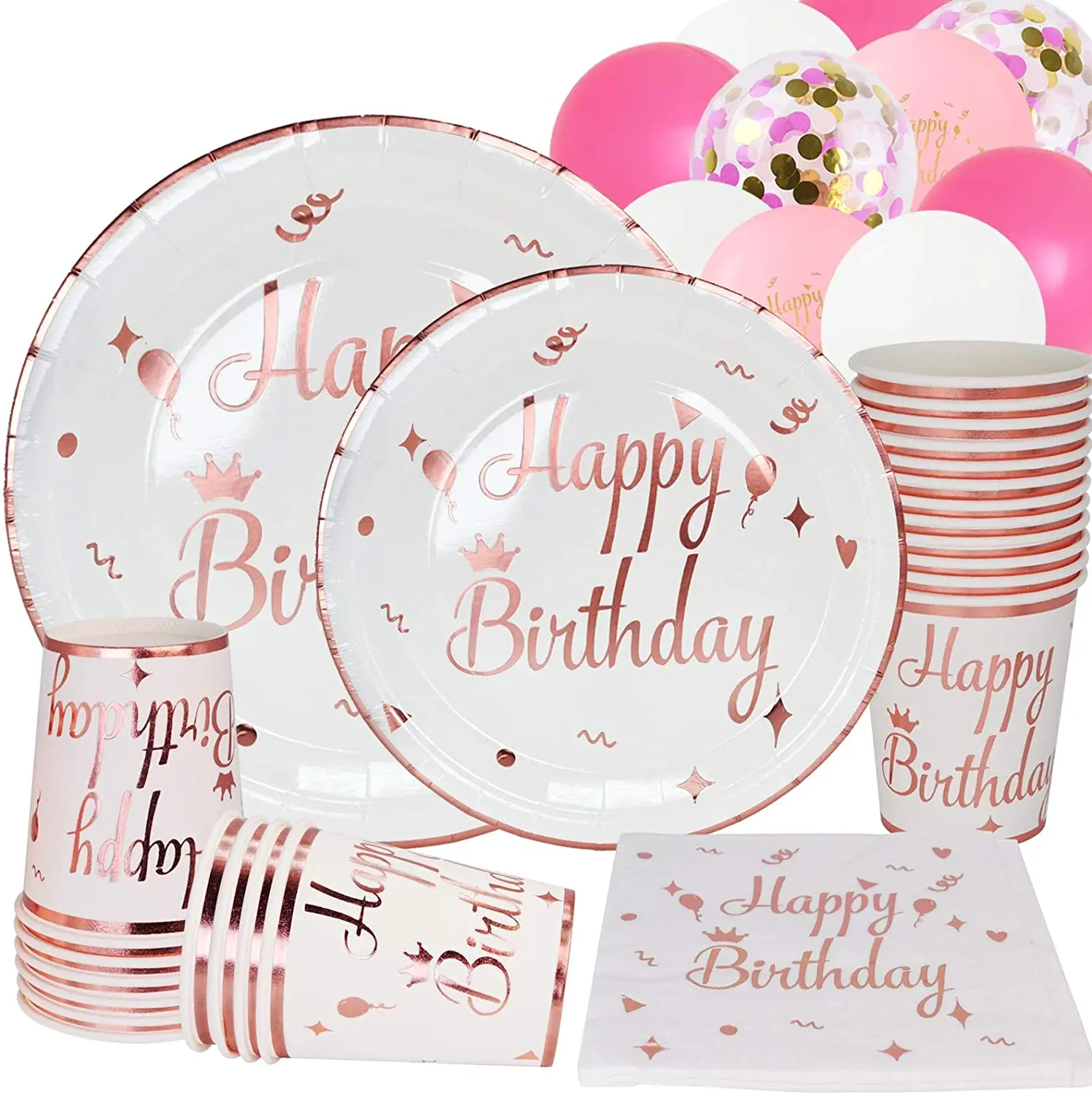 

White and Rose Gold Birthday Tableware Set Napkins Party Foil Dots Disposable Paper Plates for Girl Birthday Party Supplies