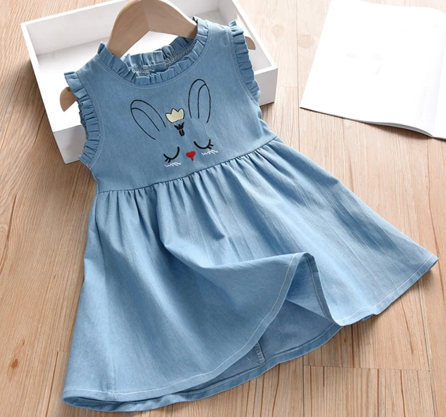 

Sleeveless Girls Dresses for Summer Cartoon Printing Denim Toddler Dress Baby Girl Clothes High Quality Kids Wear, Light blue