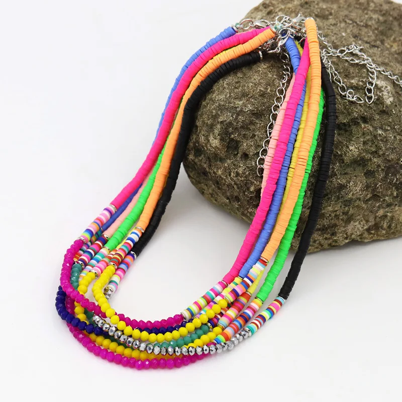 

4mm Bohemia colored Polymer clay crystal beaded necklace for women fashion summer beach jewelry gift