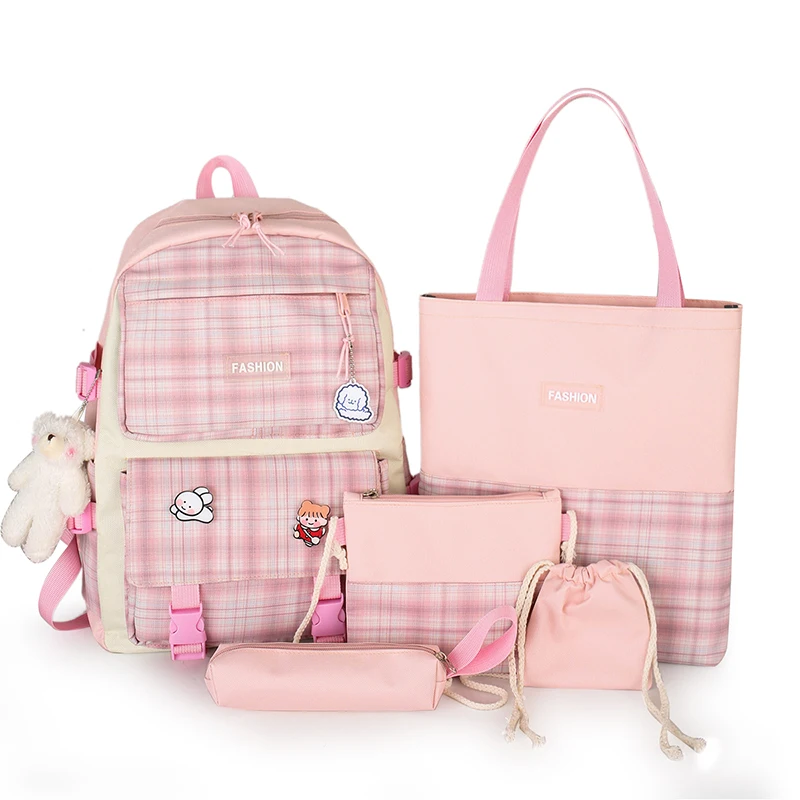 

Cute Plaid Pure College Canvas Backpack Travel Girls School Bags Set For Teenagers, Customized color