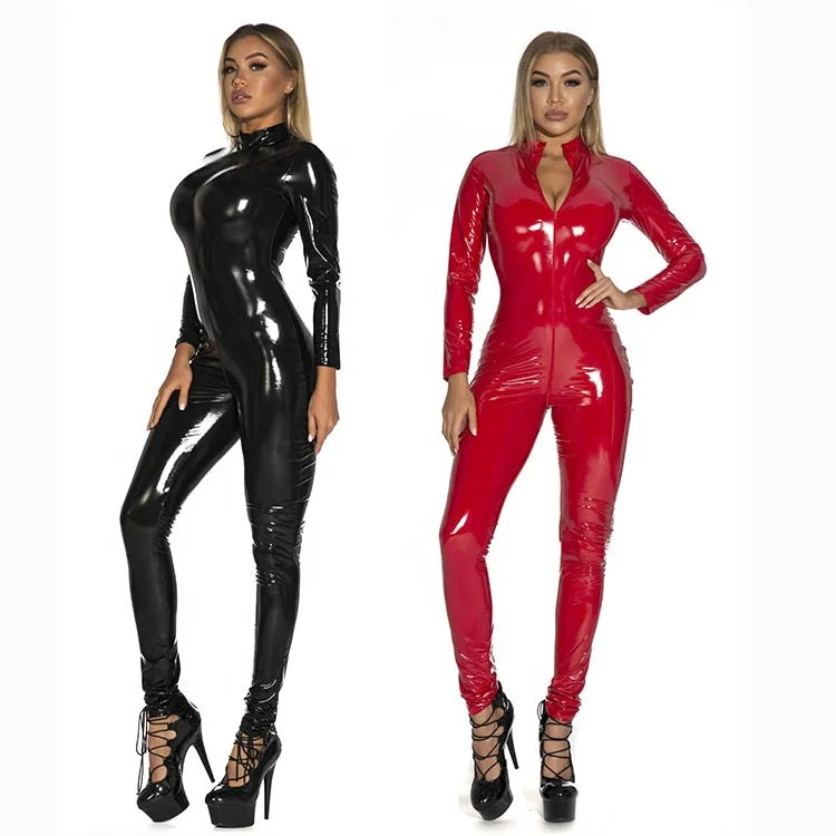 

Hot Selling Corset Skinny One-piece Leather Sexy Jumpsuit Patent Leather Zipper Pants Bright Catsuit, Black,red