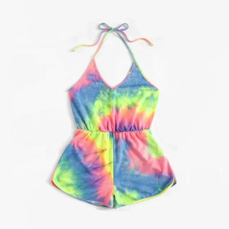 

Cowinner 2020 Woman Summer Tie Dye Short Romper Rainbow Spaghetti Stripe Jumpsuit Beach Shorts Romper, As pic