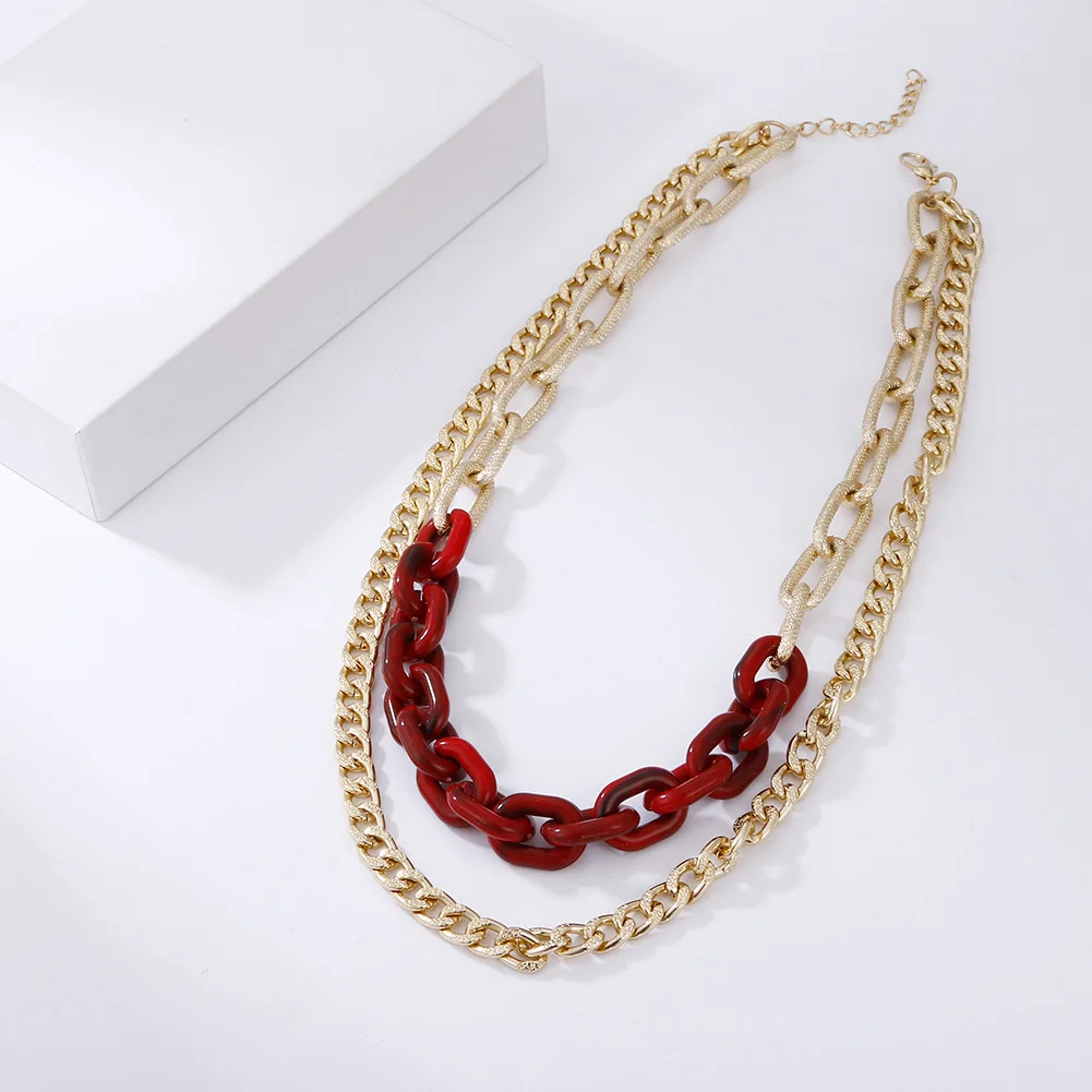 

Vintage Punk Red Acrylic Oval Link Chain Necklace Rapper 18K Gold Plating Double Layers Cuban Link Chain Necklace