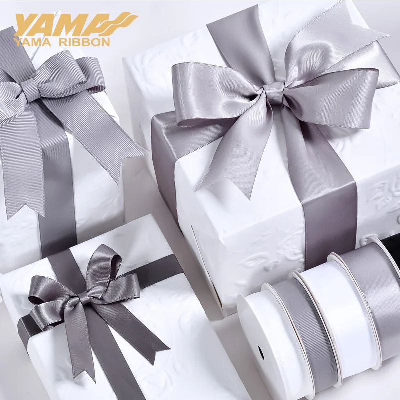 Factory Price Stock Wholesale 25mm Black White Grey Satin Ribbon by the Roll for Packing