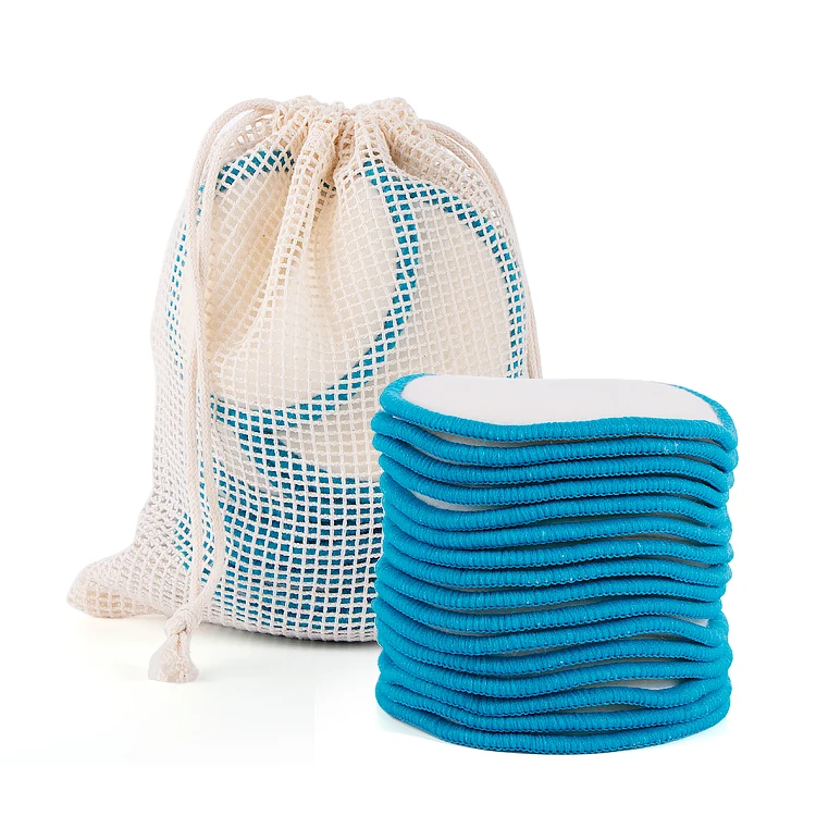 

Custom Logo 16 Pieces Blue Reusable Cotton Rounds Bamboo Cotton Makeup Remover Pads Set