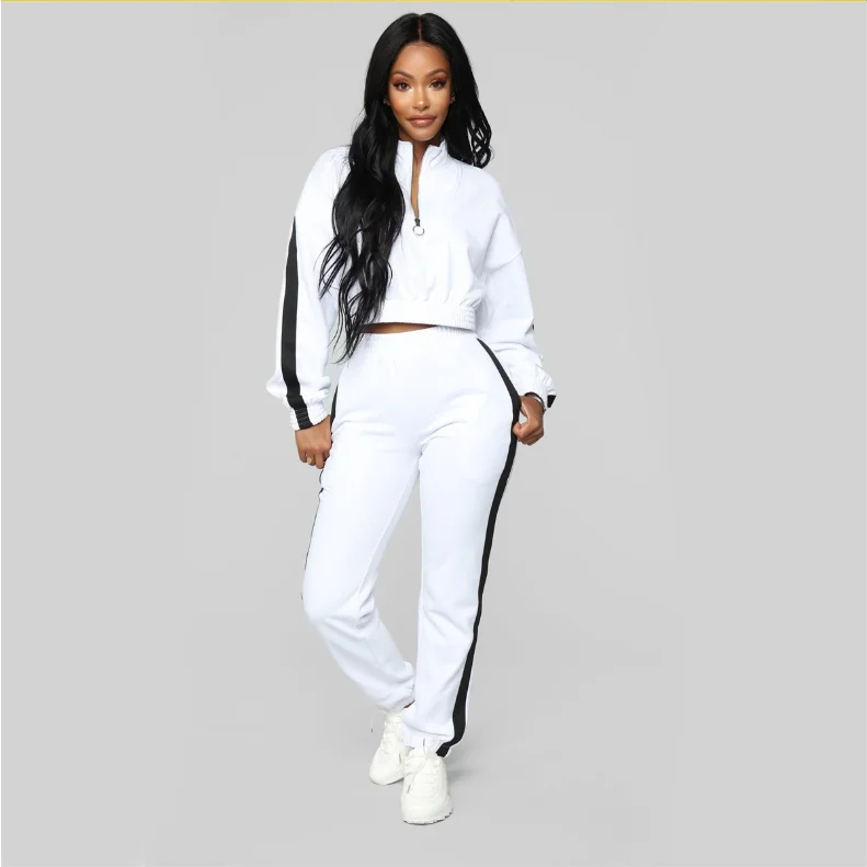 

JB-19101050 2020 Fashion Half Zip Sweatshirts Full Length Pants Autumn 2 Pieces Women Casual Sets, White