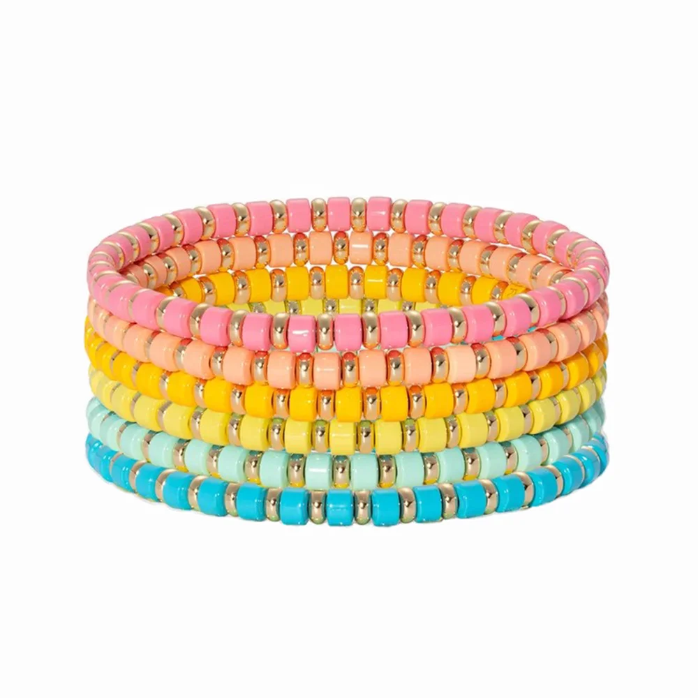 

Fuchsia Orange Blue Spring Summer Enamel Disc Tile Beads Bracelet Rainbow For Women
