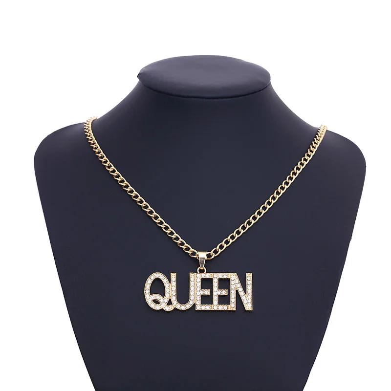 

Hiphop Necklace Bling Bling Iced Out Cuban Link Cool Style Queen Pendant Necklace for man and woman, As pic