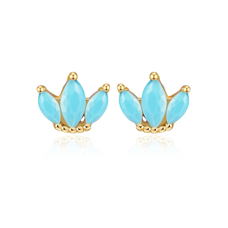 

KSRA Jewelry New Trendy 925 Sterling Silver Turquoise Crown Luck Flower Stud Earrings For Women, Gold and silver