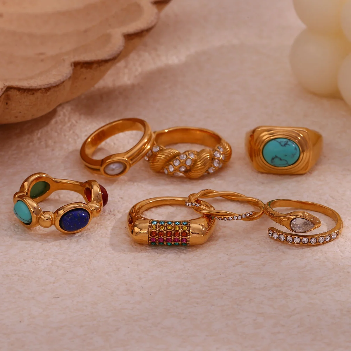 

2023 Jewelry Bijoux Acier Inoxydable Stainless Steel Jewelry PVD Gold Plated Colorful Zircon Ring Set