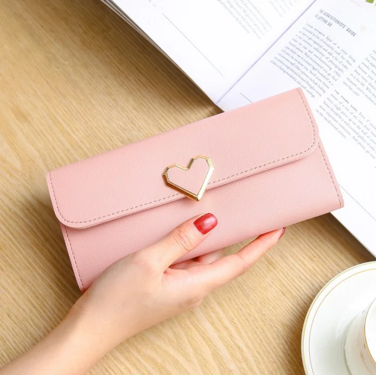 

New PU leather heart-shaped purse women's long multi card pocket clutch, Black, gray, pink, coffe