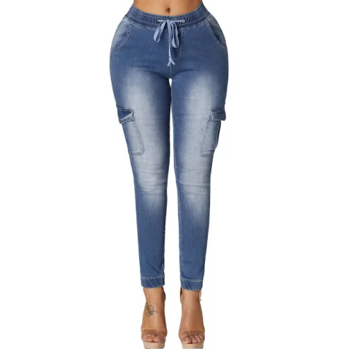 

Woman Drawstring Ankle Pocket Denim Jeans