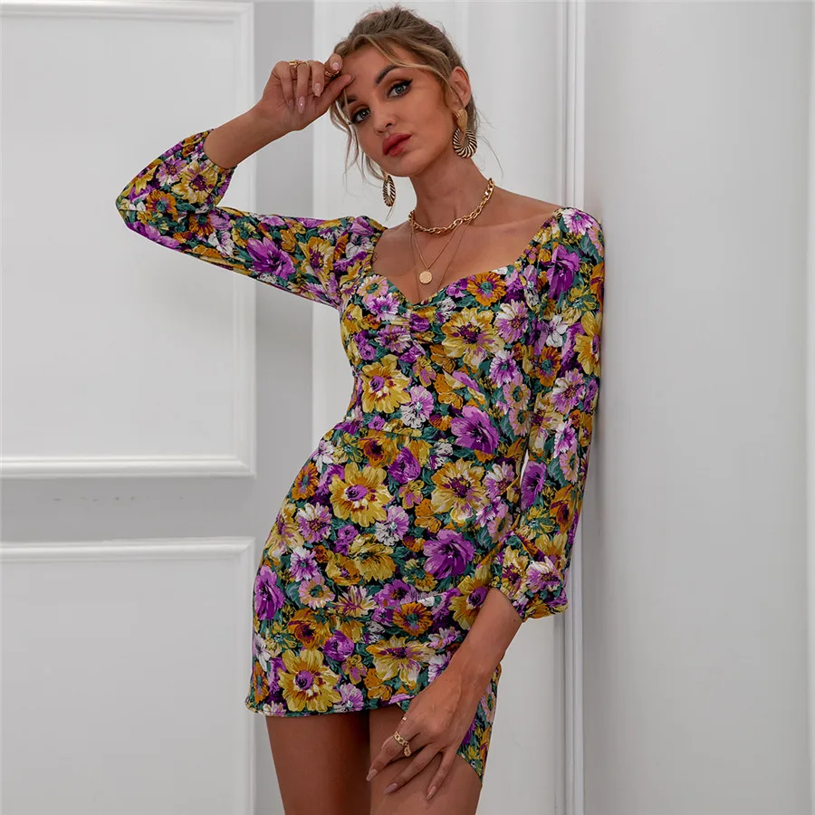 

DMS20447 Spring clothing for women Shein stock Women Sweetheart Neck Floral Print Dress, Shown,or customized color,provide color swatches
