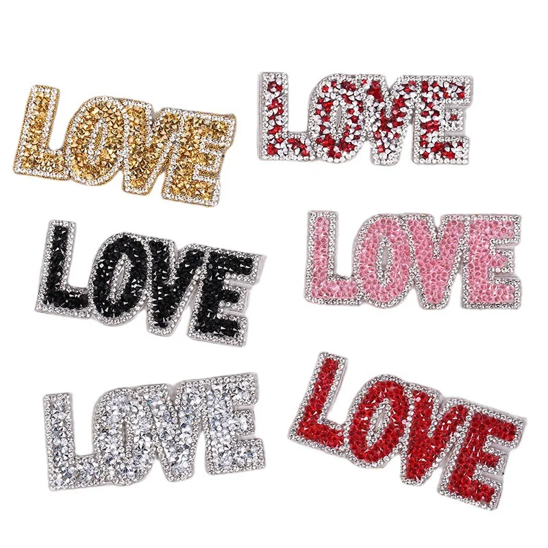 yiwu wintop hot sale colored hotfix rhinestone love logo iron on patch for clothes bag