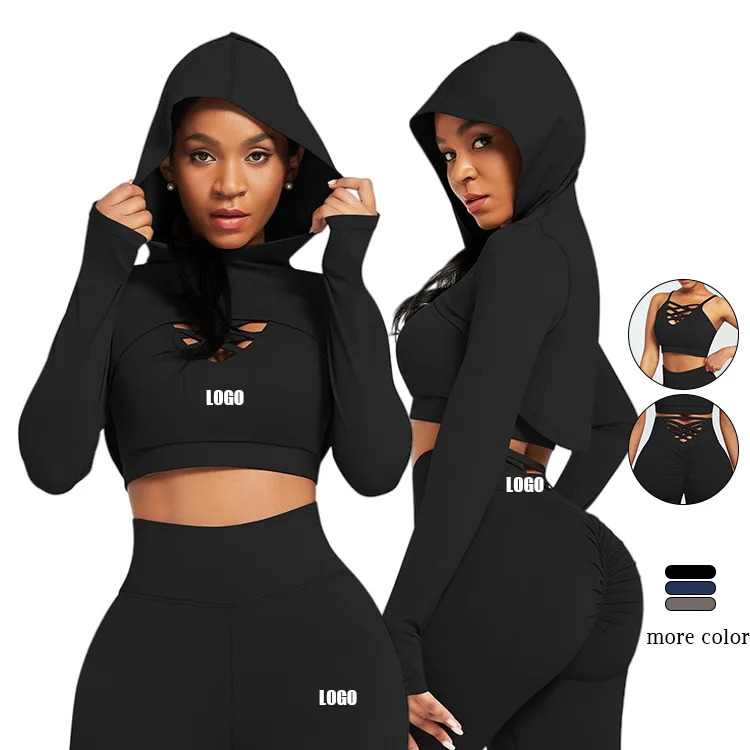 

2021 Custom Logo Summer Women Fitness Clothes 3 Piece Set Sexy Yoga Bra And High Waist Yoga Pants With Hoodie Set, As show