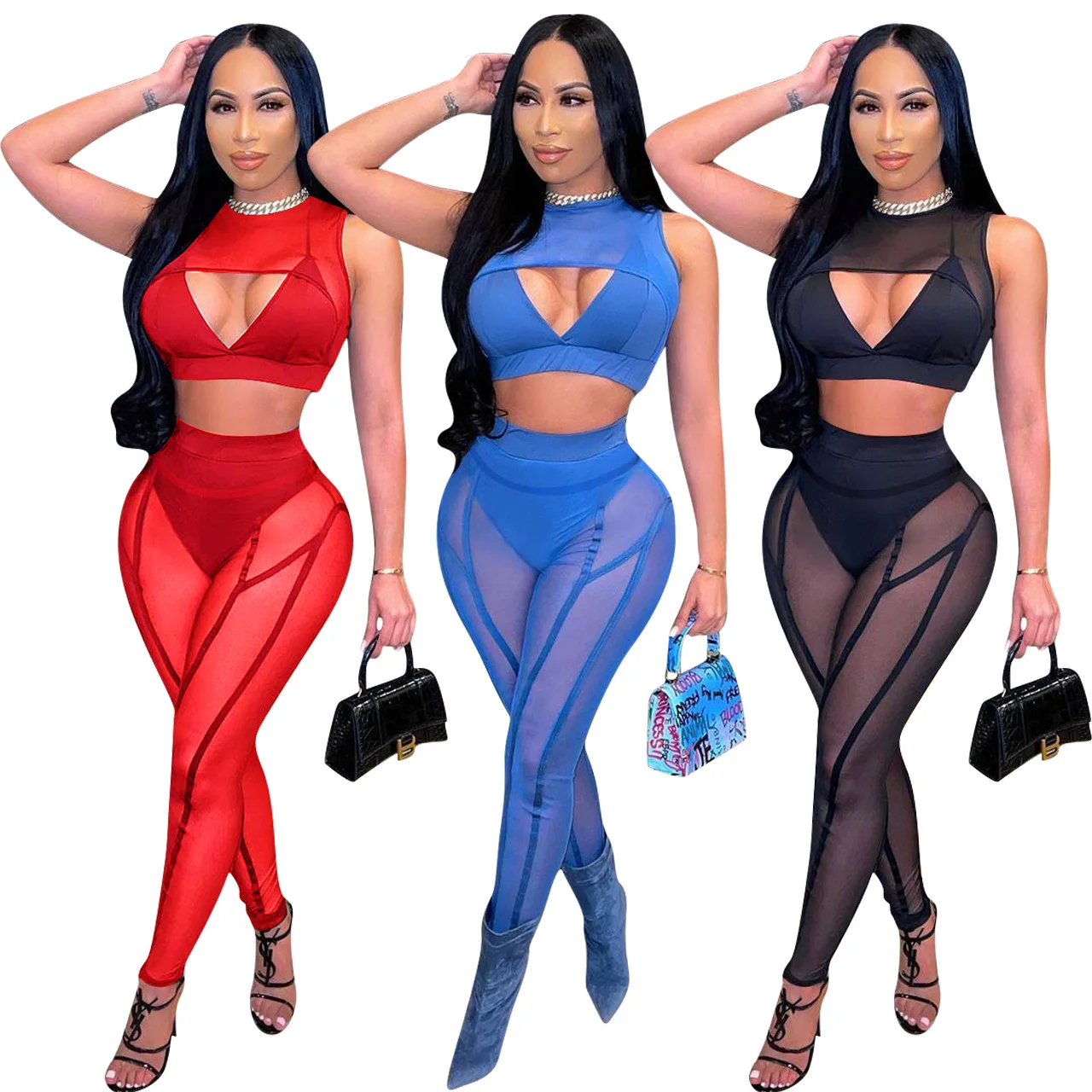 

2022 Spring Two Piece Pants Set Women Sexy Clothing Mesh Leggings Set, 3 colors