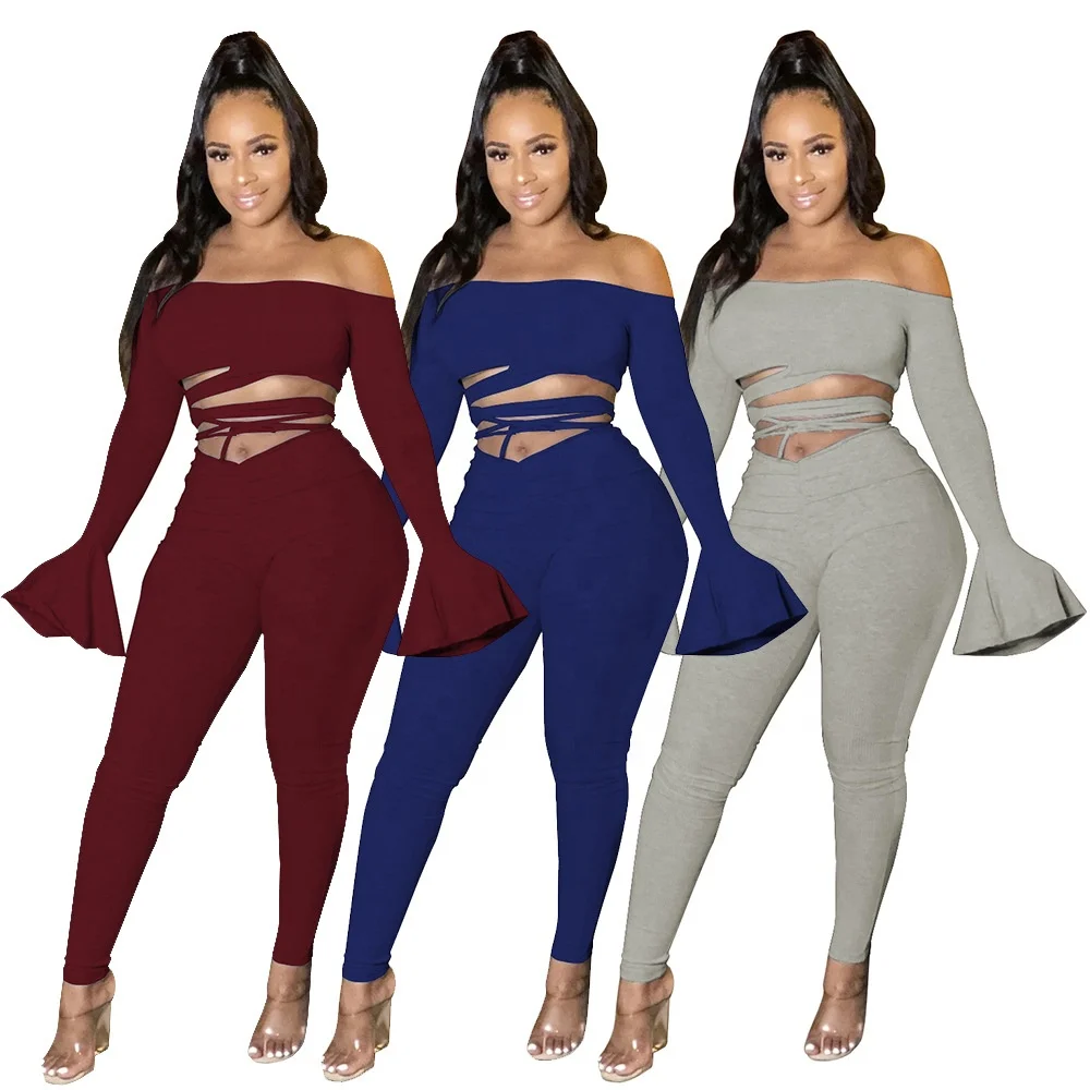 

B63971A European and American fashion casual women's dress solid color flared sleeve two sets, Red/gray/blue