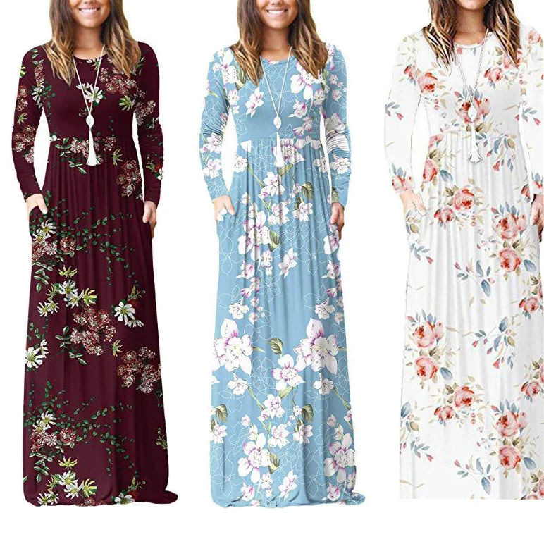 

Modest clothing summer chiffon pleated ladies maxi floral casual long women dress, 4 colors