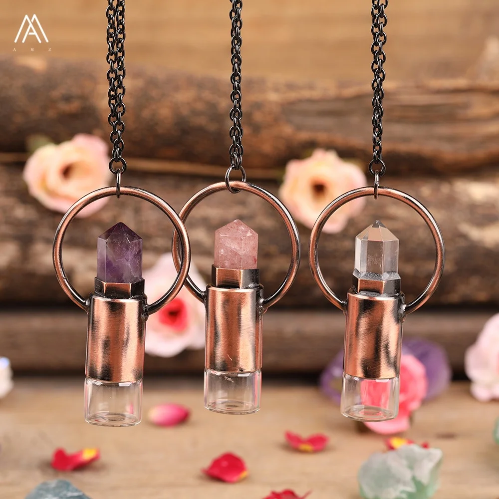 

Women Quartz Crystal Essential Oil Roller Bottle Antique Bronze Pendant Gunmetal Chain Necklace, As picture