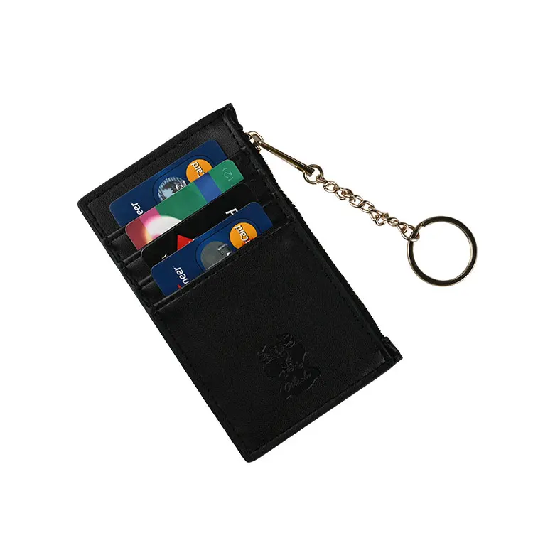 

Wholesale Leather Zipper Coin Purse Premium Travel Credit Card Wallet with Keychain, Black or customized color